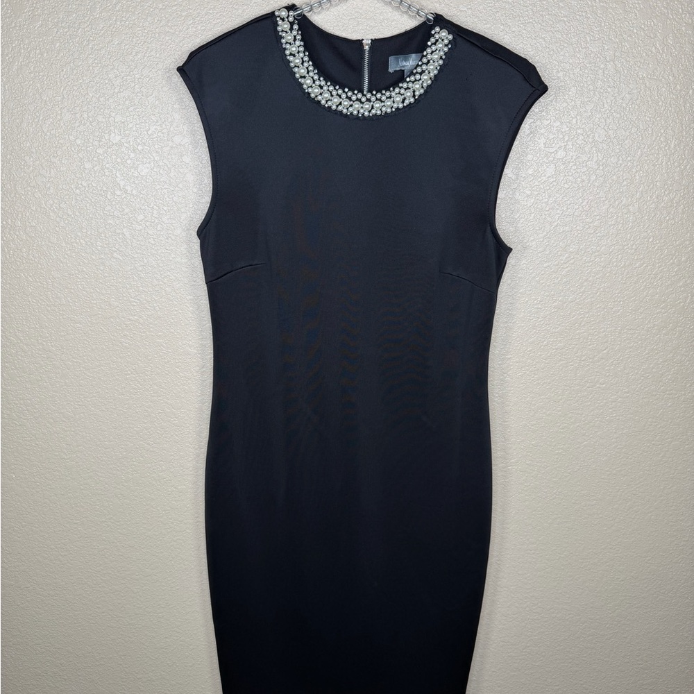 Neiman Marcus Black Sleeveless Sheath Dress with Pearl Collar